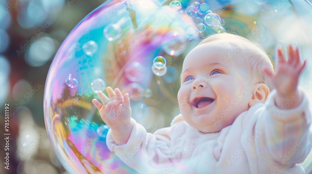 Smiling baby in a giant soap bubble 01 Smiling baby in a giant soap bubble 01