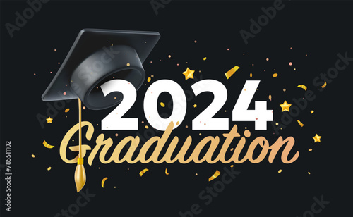 Vector illustration of graduate cap and word graduation on black background with number 2024. 3d style design of congratulation graduates 2024 class with graduation hat and congratulations word