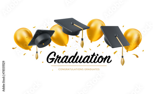 Vector illustration of graduate cap and flying golden air ballons on white background. Caps thrown up and air ballons. 3d style design of congratulation graduates 2024 class with graduation hat © wowomnom