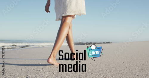 Image of social media text and icon over caucasian woman walking on beach