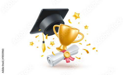 Vector illustration of graduate cap and diploma paper scroll with wax seal on white background with winner cup. 3d style design of congratulation graduates 2024 class with graduation hat and star © wowomnom