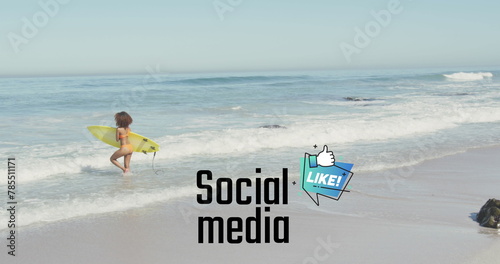 Image of social media over african american woman with surfing board walking on beach