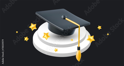 Vector illustration of graduate cap on pedestal and golden star on black background. 3d style design of congratulation graduates 2024 class with graduation hat and star © wowomnom