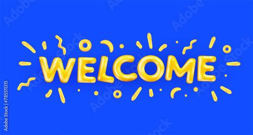 Vector greeting illustration of cartoon golden color word welcome with confetti. 3d style design of shine letter welcome on blue color background © wowomnom