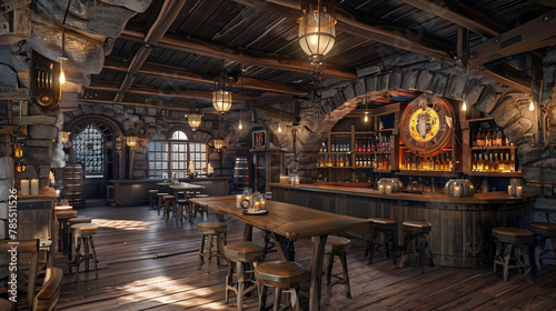 Wide panoramic view of fantasy medieval tavern 