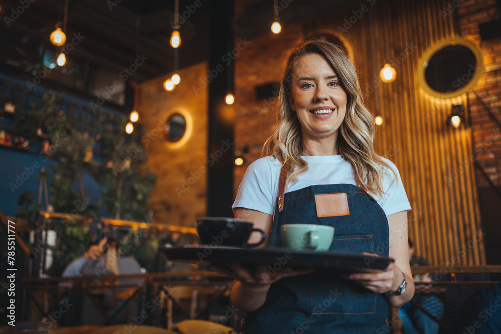 Smiling coffee shop owner standing on her workplace with coffee cups. Happy waitress at a cafe serving a cup of coffee. Food service concepts. Smiling coffee shop owner standing on her workplace with coffee cups. Happy waitress at a cafe serving a cup of coffee. Food service concepts.