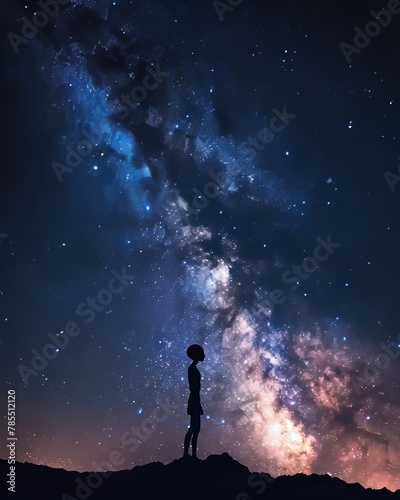 Secretive Area 51 base under a starry sky, an alien silhouette standing guard
