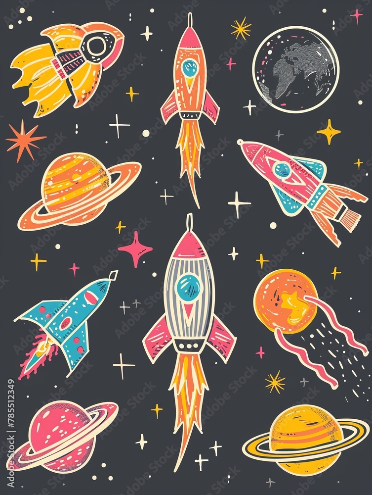 vector image set of space stickers in the style of Flora Yukhnovich bright colors yellow pink sticker with a white outline gray background , 32K HD vector image set of space stickers in the style of Flora Yukhnovich bright colors yellow pink sticker with a white outline gray background , 32K HD