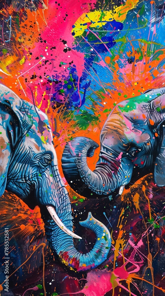 An abstract painting class with elephants using their trunks to splash vibrant hues on canvas