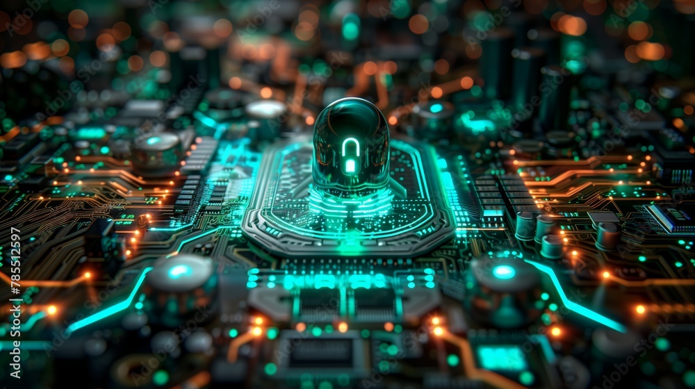 Obraz premium Secure connection, cybersecurity service concept of compute motherboard, closeup, safety lock hologram