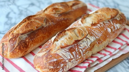 French baguette on kitchen table traditional bread photo for culinary concepts