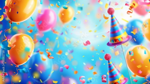 The Happy Party Banner is a large banner with birthday hats, balloons, and confetti on a defocused background that blends well with any décor. An anniversary celebration backdrop with festive items