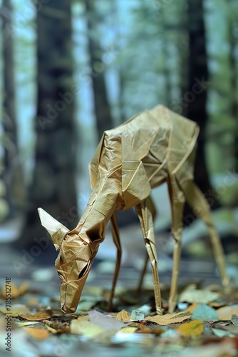 In a realistic forest clearing, an origami deer grazes, its delicate paper form bending towards the ground, alert to every sound