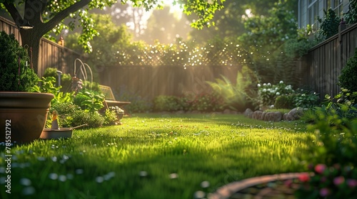 Evening light on a vibrant green yard with gardening activity photo