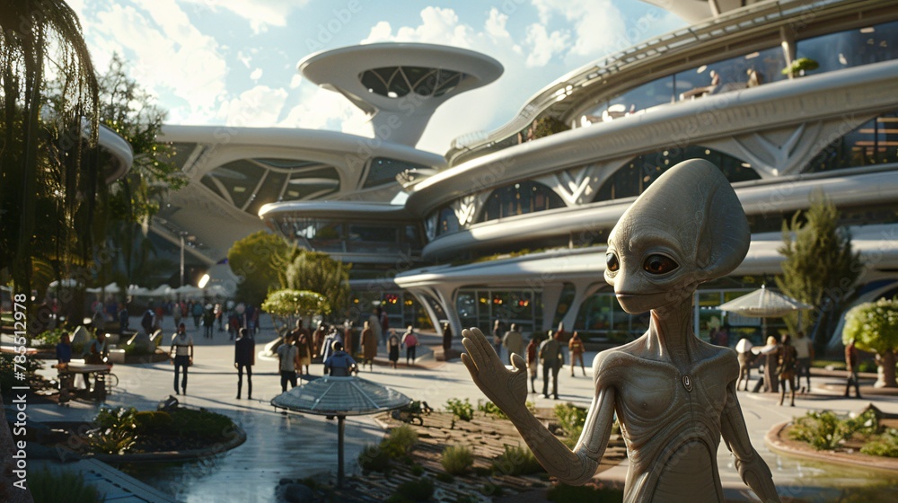 Cinematic scene of an amiable extraterrestrial waving goodbye to their family outside a futuristic school building, the morning sun casting a warm glow on the bustling courtyard Cinematic scene of an amiable extraterrestrial waving goodbye to their family outside a futuristic school building, the morning sun casting a warm glow on the bustling courtyard