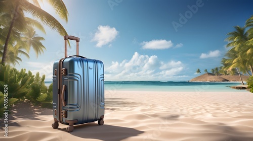 Travel luggage blue suitcase on summer background 