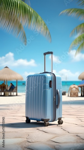 Travel luggage blue suitcase on summer background   © Spyrydon