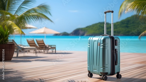 Travel luggage blue suitcase on summer background   © Spyrydon