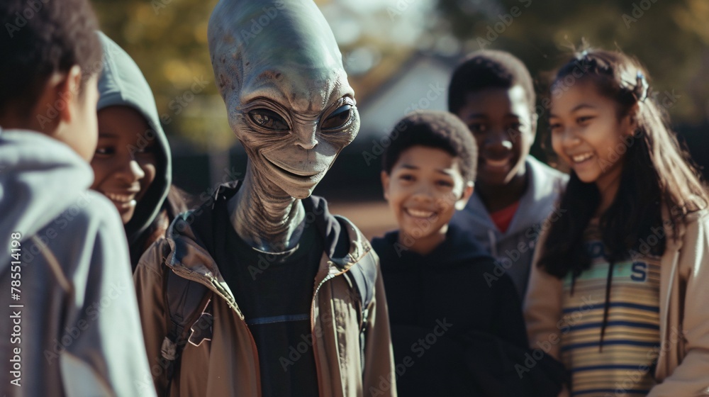 Cinematic photo of a friendly extraterrestrial and a group of diverse students laughing together during recess, the playground alive with the sounds of joy and camaraderie 03