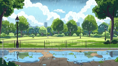 An empty public place for walking and recreation, a rainy day at a park, a city landscape with paths, fences, green lawns and trees, a summer landscape with cloudy skies, an urban garden, cartoon photo
