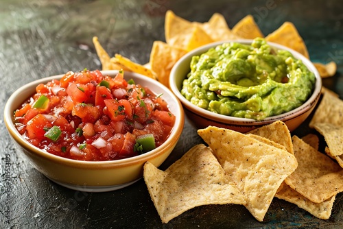Bowls of salsa and guacamole with tortilla chips on a textured surface. photo