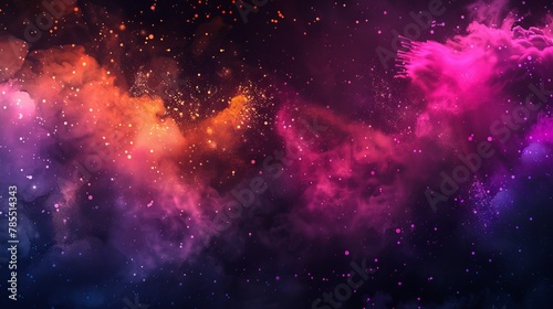 An explosion of color powder, green dust and pink, orange, purple dust on a black background. Modern illustration of a horizontal poster with a blend of colors, smoke clouds and paint bursts. photo