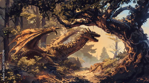 Wood dragon fantasy landscape digital illustration © Ashley