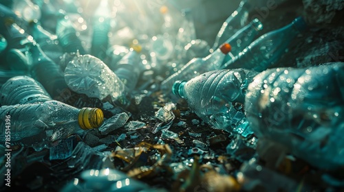 Clutter of discarded plastic bottles with a subtle call to sustainability