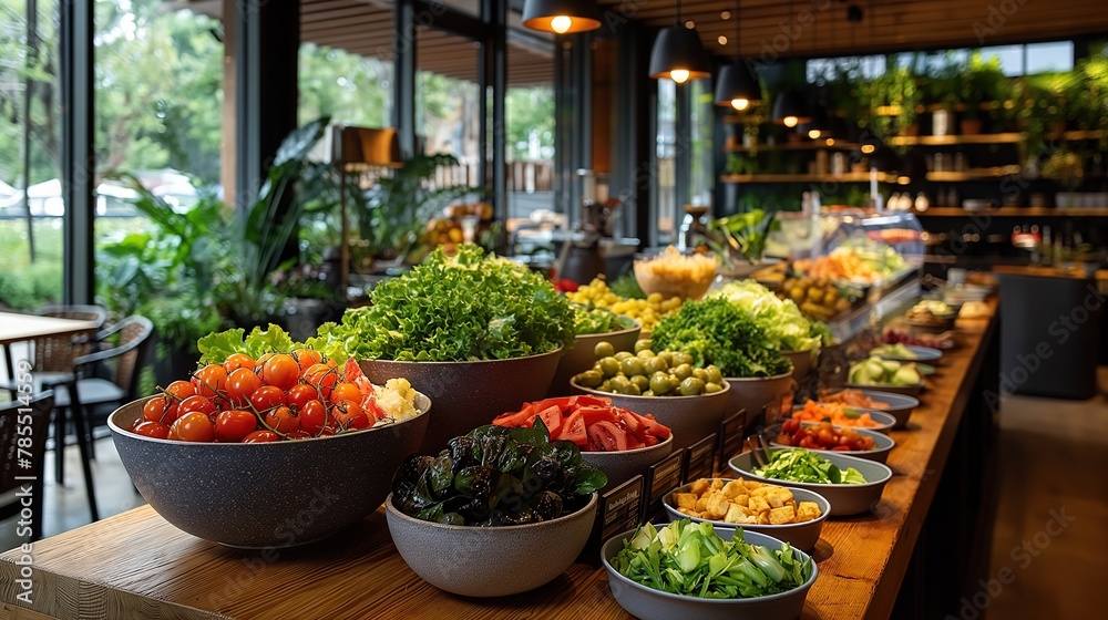 Fresh Salad Bar Selection in Contemporary Cafe