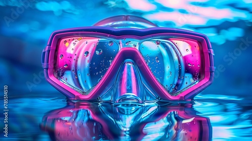 Diving mask and snorkel in bright blue and pink hues photo