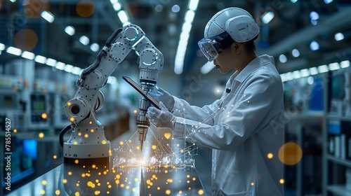 In dark blue, abstract polygonal engineer is holding tablet and controlling robot and tool. Smart technology manufacturing process. Modern image of industrial technology, automation concept. photo