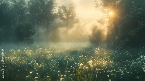 A serene forest clearing at dawn, with mist gently rising from the ground, illuminated by the soft glow of the rising sun photo