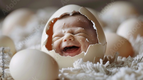A smiling human baby emerges from a newly hatched egg 01