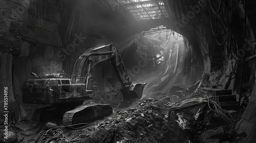 Monochrome shot of industrial excavators in a coal mine
