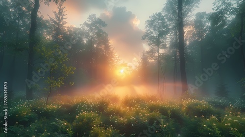 A serene forest clearing at dawn, with mist gently rising from the ground, illuminated by the soft glow of the rising sun