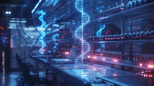 DNA strands illuminate a high-tech genetic research concept © Maina