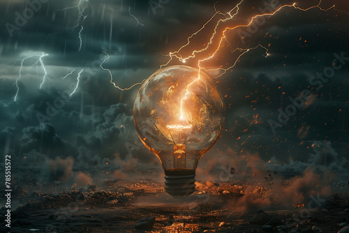 An evocative scene featuring a light bulb amidst a tempestuous storm, brilliantly capturing the raw energy of nature and human ingenuity.