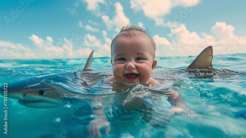 A smiling baby floats on its back in the ocean with shark fins sticking out of the water 01 photo
