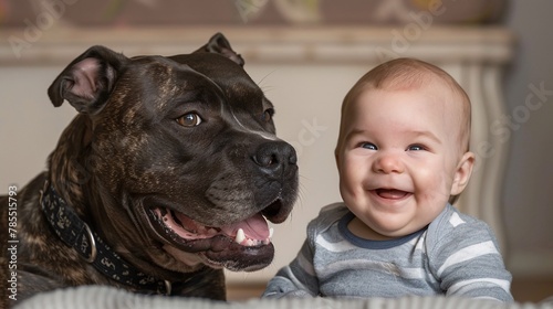 A smiling baby faces a toothy pittbull 01 photo