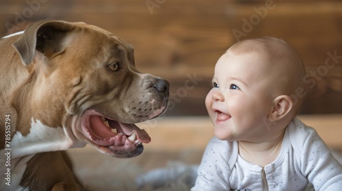 A smiling baby faces a toothy pittbull 02 photo