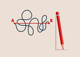 Red pencil leads a drawing line from point A to point B, Shortest distance to goal, easy or shortcut way to win business success. Vector illustration
