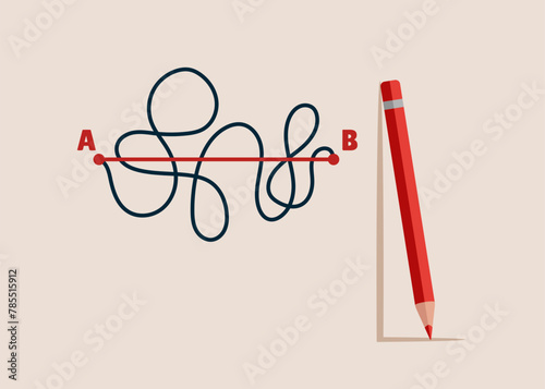 Red pencil leads a drawing line from point A to point B, Shortest distance to goal, easy or shortcut way to win business success. Vector illustration