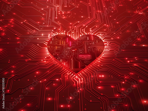 Circuit outline red material chip heartshape is center on pure red background photo