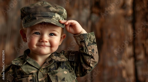 A smiling baby dressed as a soldier and giving a military salute 02