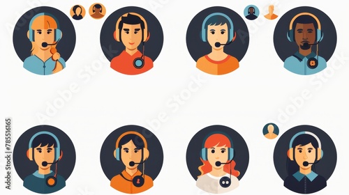 Operator avatars in black circles. Modern flat icons set of call center or hotline workers.