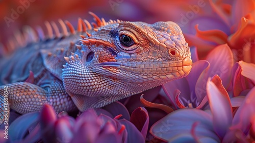 Gentle dusk settling on an eclectic lizard in a floral haven