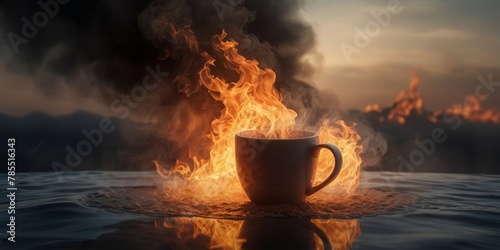 A cup of coffee is on fire
