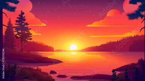 Lake, clouds on red sky, trees silhouetted on coast, and sun on horizon. Modern illustration of nature panoramas, landscapes on river banks with coniferous forest in the evening. © Mark