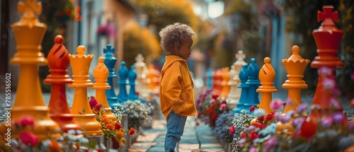 Child's Strategy: A Colorful Game of Life-Size Chess. Concept Child's Strategy, Life-Size Chess, Colorful, Playful, Outdoor Game photo