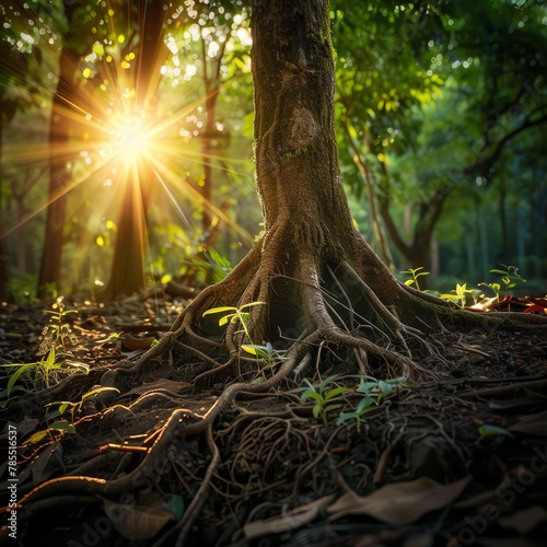 A tree, its roots grounded, reaching up towards the sun Showcasing growth and resilience in mental health recovery A serene forest scene, sunlight filtering through the leaves Photograph with backligh photo